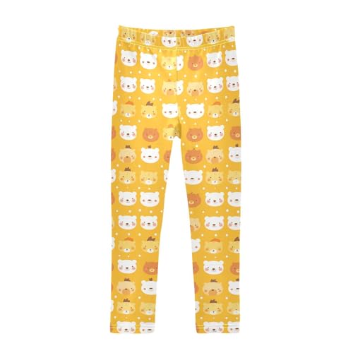 KLL Cute Bear Cartoon Pattern Yellow Little Girls Cotton Pants Stretch Full Length Workout Pants Exercise