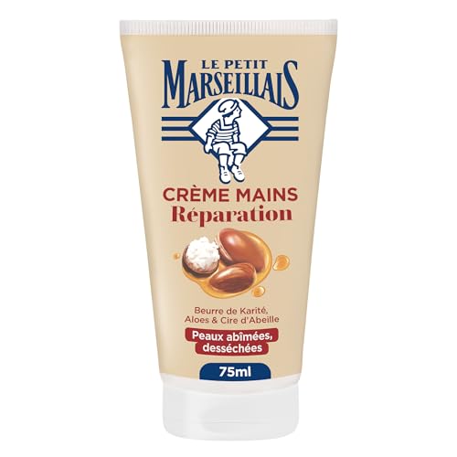Le Petit Marseillais , Crème Mains Réparation Peaux Abîmées et Desséchées (tube de 75 ml) – Crème réparatrice au beurre de karité, aloès et cire d'abeille – Soin des mains confort 24 h