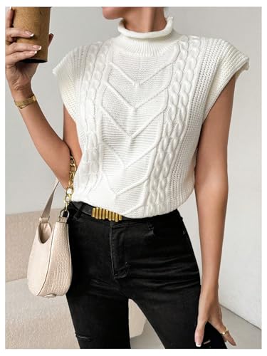 Image of BEAUDRM Women's Textured Mock Neck Sweater Vests Cap Sleeve Cable Knit Sweater Vest Casual Loose Top Knitwear Beige Medium