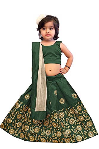 Image of Kids Girls Taffeta Silk Top And Lehenga With Net Dupatta| Ethnic Lehenga Choli With Dupatta(Suitable For 2-5 Years)-Green