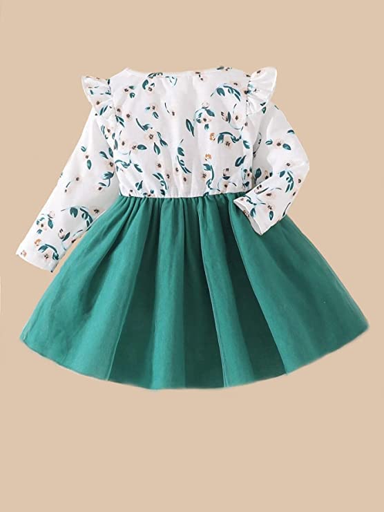 Image of OMLI Baby Floral Print Ruffle Trim Bow Front Mesh Hem Dress Round Neck Button Closure Mini Dress /Frock /OnePice /Party Dress for Baby Girls