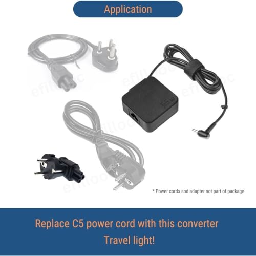 Image of Efillooc C5 Plug Top Converter Replacement Plug for Asus, Lenovo Laptop Power Cable 3 Pin AC Power Plug (2 Pin EU C5)
