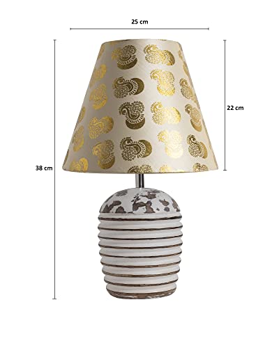 Image of Homesake Wooden Lamp for Living Room | Table Lamp for Bedroom | Bedside Lamp with Fabric Shade | E27 Holder with Bulb Included | Warm Light Night, Study Table & Home Decor, Gold Peacock Shade