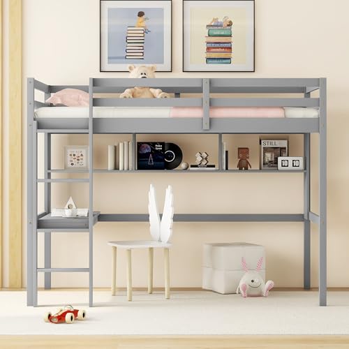 Meritline 1852AE Twin Size Loft Bed With Desk, Wood Twin Loft Bed With Bookcase Shelves, Loft Bed Twin With Built In Ladder cover