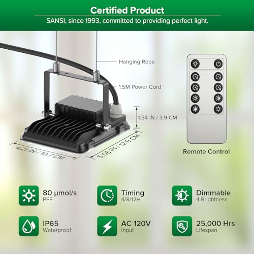 SANSI Dimmable LED Grow Light, 3000K 5000K 660nm 730nm Full Spectrum 45W (340W Equiv.) with Remote, Auto On Off Timing 4 8 12 Hrs, IP65 Waterproof Plant Light