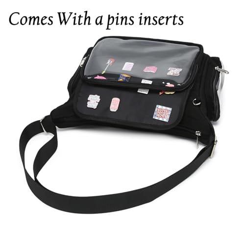 Canvas Ita Bag Crossbody Shoulder Bag Kawaii Purses and Handbags with Anime Pins Display3