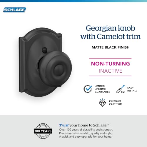 SCHLAGE Georgian Non-Turning Dummy Door Knob, Camelot Trim, Matte Black - image 4