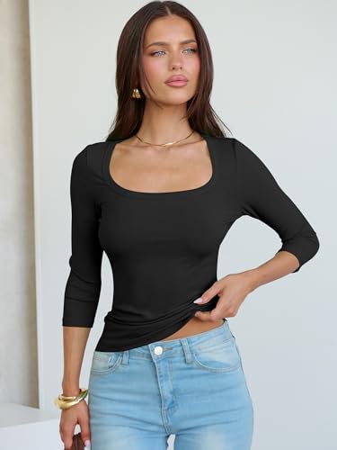 ANRABESS Womens 3/4 Sleeve Scoop Neck Tops Ribbed Knit Slim Fitted Casual Basic Tee Shirts 2025 Fall Trendy Going Out T-Shirt4