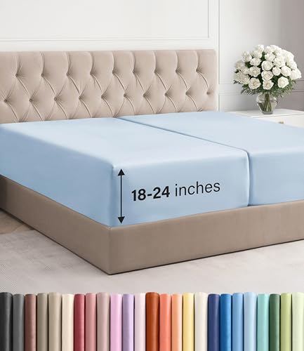 Image of Extra Deep Split King Fitted Sheet - Single Fitted Sheet Only - Sky Blue | Easily Fits 18 inch to 24 inch Mattress, Soft, Wrinkle Free, Breathable & Comfy, Extra Deep Pockets Hotel Luxury Fitted Sheet