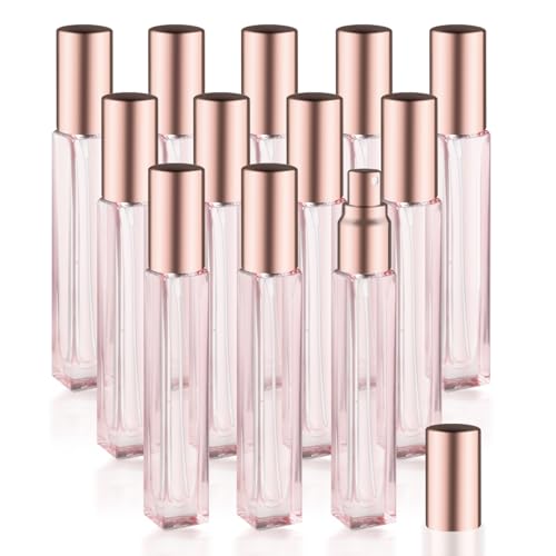 12 Pack 10 ml/0.3oz Pink Glass Spray Bottles Refillable Empty Perfume Bottles Travel Fine Mist Spray Bottles Sample Containers Atomizer For Perfume Essential Oils Liquid (square bottle)