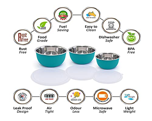 Image of Zaib Microwave Safe Stainless Steel Mixing Bowl Set with Lids | 500ml, 750ml, 1250ml | Kitchen Food Storage Containers | Pack of 3 (Plain Turquoise 3)