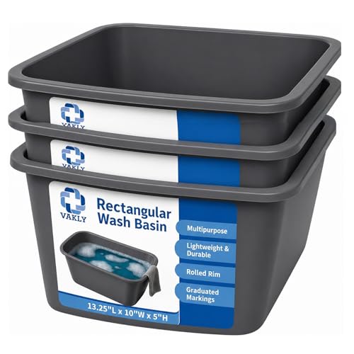 Vakly Wash Basins – Rectangular Plastic Hospital Bedside Soaking Tub - Small 7 Qt Graduated Bucket - Portable Washbasin for Washing, Cleaning, Foot Bath, Dishes, Face Cleansing Bowl (3)