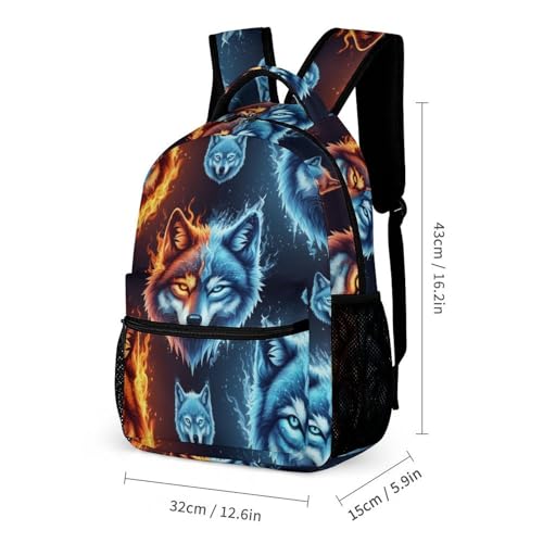 Backpack Bookbag Set Blue Red Fire Wolf Animal Backpack with Lunch Bags and Makeup Bag Shoulder Bag with Lunch Box Storage Bags2