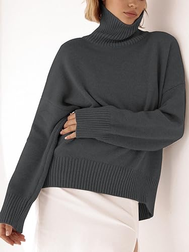 Image of YKR Women's Turtleneck Sweater Chunky Long Sleeve Knitted Pullover High Low Hem Trendy 2026 Fall Winter Basic Jumper Top