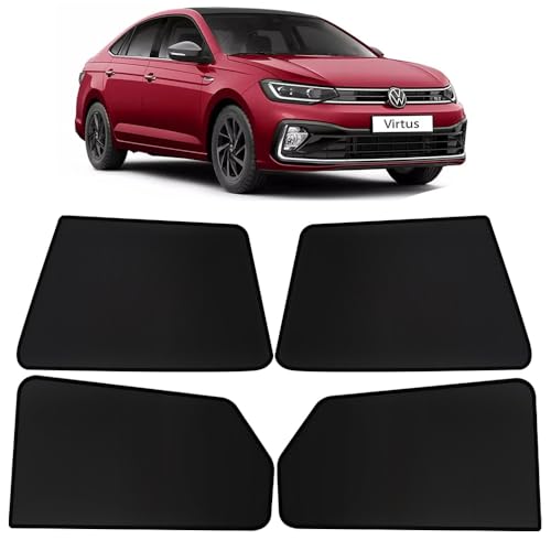 Image of OTO2EYE Car Sun Shade Compatible for Volkswagen Virtus Model 2022 to 2024, Z-Black Fix Type Side Window Curtains, Only Half Cut in Front Window, 4 Pieces Set