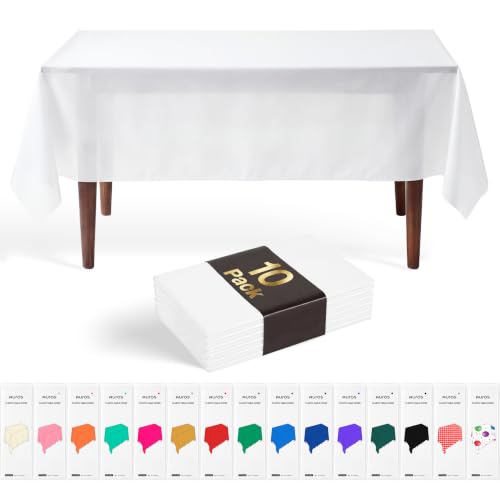 Auros White Premium Plastic Tablecloths 10 Pack, 54 x 108 Inch Rectangle Disposable Table Covers for 8FT Tables, Waterproof Spill-Proof, Easy Cleanup for Birthday, Parties and Weddings