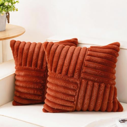 All Smiles Rust Throw Pillow Covers 18x18 Set of 2,Fall Autumn Burnt Orange Terracotta Decorative Cushion Cases Farmhouse Boho Living Room Sofa Couch Bed Soft Faux Fur Fluffy Velvet Cross Stitch