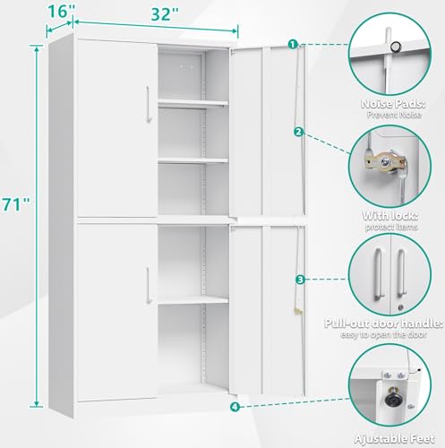 Image of Metal Storage Cabinet with 3 Adjustable Shelves,White Storage Cabinet with Lock,71 inch Lockable Metal Cabinets with Locking Doors,Tall Steel Pantry Cabinets 4 Door for Home,Office,Garage,Bathroom,Kitchen