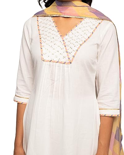 Image of FIORRA Women's White Cotton A-line Kurta with Pant and Dupatta