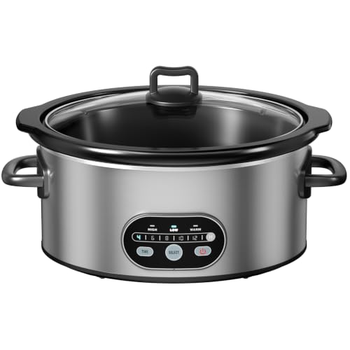 Image of NEWBULIG Slow Cooker 6 Quart, Large Slow Cooker, Ceramic Nonstick Coating, 3 Adjustable Temp Multi Cookers with Dishwasher Safe Stoneware Pot & Tempered Glass Lid, 35in Tangle Free Cord Wrap, Silver