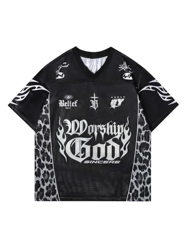 GORGLITTER Men's Leopard Jersey Shirt Graphic Mesh Short Sleeve V Neck Streetwear Tops