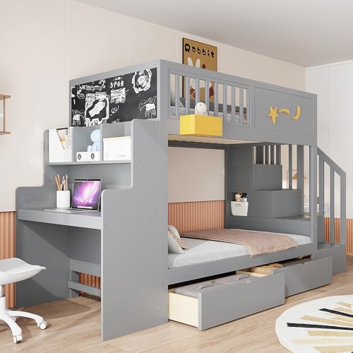 YuQozii Litera para niños con cajones de almacenamiento, escalera de seguridad, escritorio y estrellas – 90 x 200 cm, marco de madera maciza de pino (gris)