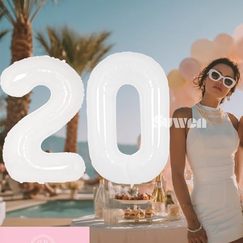 Image of SUWEN 40 Inch White Large 20 Number Balloons Big Foil Helium Number Balloons 0-9 Giant Jumbo Happy 20th Birthday Party Decorations for Men or Women Huge Mylar Anniversary Party Supplies