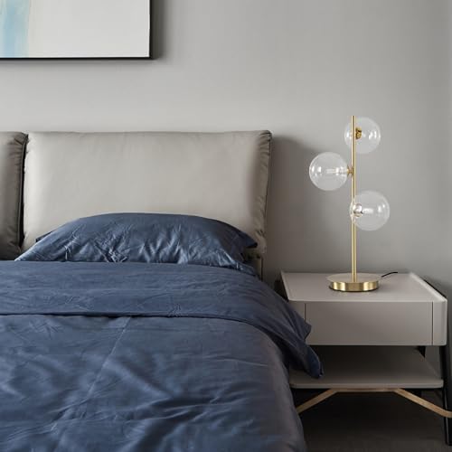 Image of Mid Century Globe Table Lamp, Modern 3 Lights Gold Desk Lamp, Contemporary White Glass Globe Reading Lamp for Bedroom Living Room Study Room