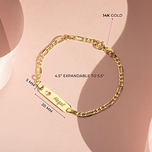 14K Yellow Gold Unisex Adjustable Girls Name Id Bracelet Engravable Heart Tag - Figaro Link Chain Rectangular Name Plate Bracelets For Babies & Children - Small Identification Bracelet 4.5" To 5.5" #TOP3