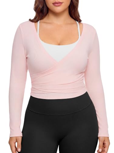 Chulianyouhuo Women's Plus Size Ballet Wrap Tops Long Sleeve Self Tie Yoga Shirt Y2k Workout Active Blouses Pink