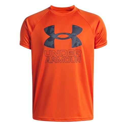 Under Armour Boys Tech Hybrid Print Short Sleeve T Shirt (844) Orange Base / / Washed Navy Medium