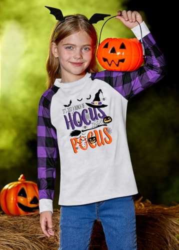 Image of BesserBay Girls Halloween Funny Plaid Graphic Shirt Long Sleeve Spooky Patchwork Raglan Top 5-14 Years