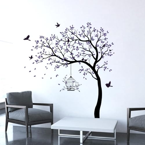 Image of Rawpockets Tree with Birds and Cage Self Adhesive Wall Sticker (Purple)-Vinyl