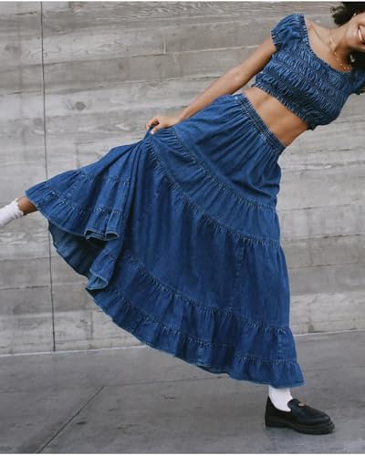 Women's Swing Chambray Maxi Skirt Elastic Waist Pleated Tiered Flowy Long Skirts Retro Denim Skirt4