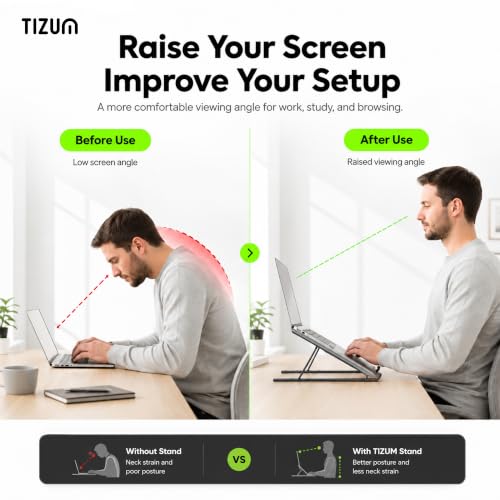 Image of Tizum Ergonomic Laptop Sand Riser /iPad Holder with 7 Adjustable Angles|Imported-CNC Cut,Fully Foldable & Portable|Tabletop,Premium Aluminum,Sturdy Base,Fast Heat Dissipation for Laptops 15.6 inch (Black)