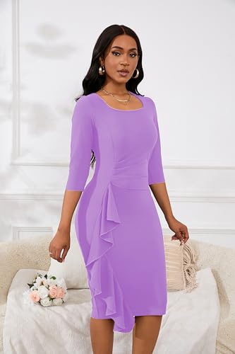 Image of Womens 1950s Vintage Bodycon Dress 3 /4 Sleeve Square Neck Cocktail Pencil Sheath Midi Dress Elegant