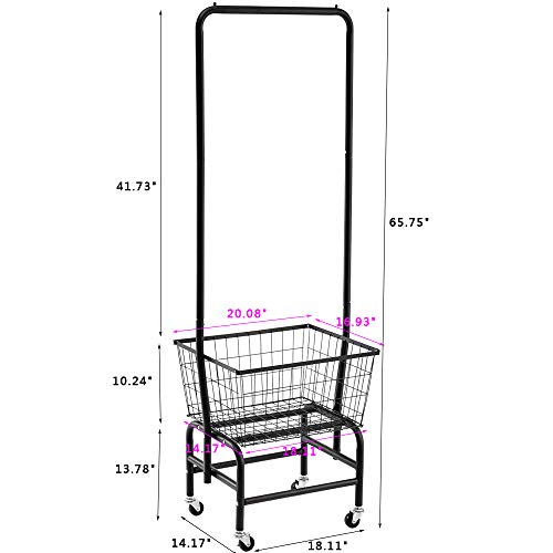 Rolling Laundry Hamper Basket Cart With Wire Storage Rack And Hanging Rack Black #TOP6