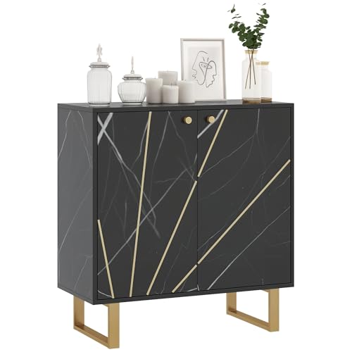HOMCOM Meuble de Rangement Buffet Salon avec 1 Placard 2 Portes et étagère réglable, Pieds en métal - dim. 76L x 35l x 77H cm, Aspect marbre Noir