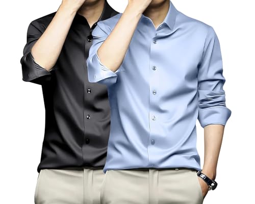 Image of DEELMO Combo of Men's Stylish Solid Satin Casual Shirt for Men Full Sleeves| Poly Satin Silk Shirt Pack of 2