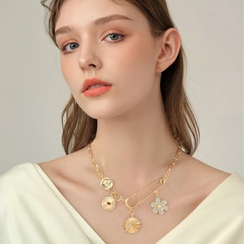 Glod Plated Boho Paperclip Chain Charm Necklace for Women Handmade Evil Eye Sun Moon Star Flower Coin Safety Pin Necklace Celestial Jewelry4