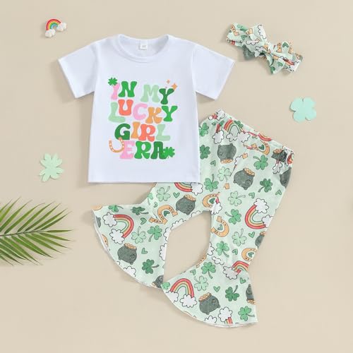 YINGISFITM Toddler Baby Girl St Patricks Day Outfit Clover T Shirt Irish Shamrock Bell Bottoms Lucky Spring Clothes2