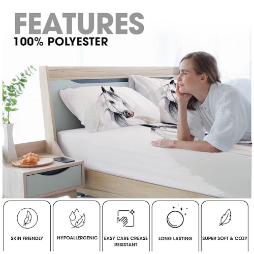 Drap housse en microfibre 180x200 cm blanc imprimé cheval pour grand matelas