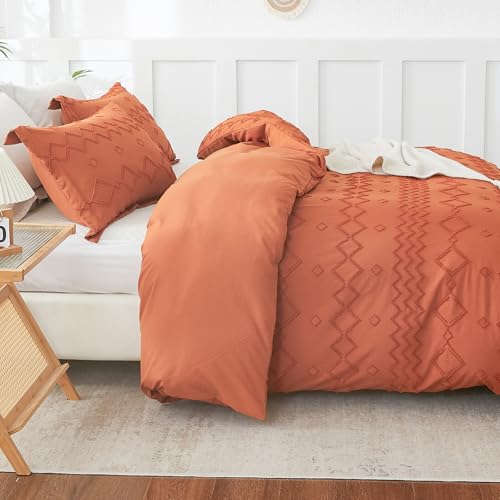 Image of EMME Boho Duvet Cover Twin Size Pumpkin - 2 Pieces Soft & Breathable Tufted Boho Shabby Chic Embroidery Bedding Set for All Seasons, 1 Duvet Cover with 1 Pillow Shams & Zipper Closure (Pumpkin, Twin)
