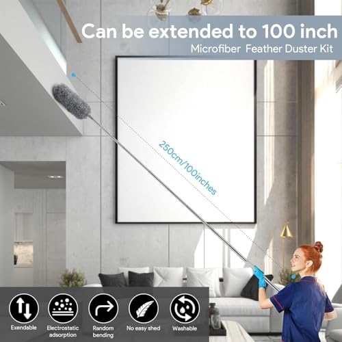 Image of Microfiber Round Feather Ceiling Fan Duster | Bendable & Extendable Fan Cleaner with Expandable Pole Handle | Washable Duster for High Ceilings, Window Blinds, and Furniture (Round)