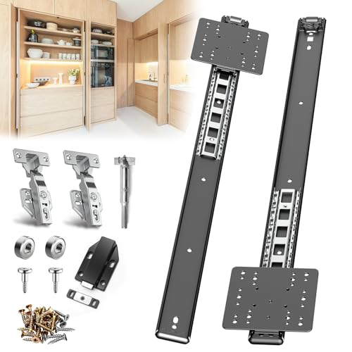 Image of 20in Pocket Door Hardware Slide 1 Set,Cabinet Hidden Sliding Pocket & Pivot Door Rail with Hinge for Heavy Duty Furniture,Soft Close Retractable Hardware Kit for Kitchen & Recessed Wardrobe