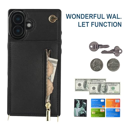 Ysnzaq Wallet Case for iPhone 16 6.1" with Crossbody Lanyard Strap & Credit Card Holder for Women PU Leather Zipper Purse Flip Folio Cover Case for iPhone 16 / Apple 16. XK-Black - Image 4