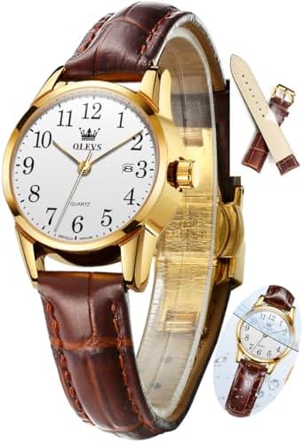 OLEVS Brown Leather Watch Women, Fashion Casual Dress Classic Analog Easy to Read Waterproof Women's Wrist Watch, Female Watches for Woman, Womens Watches Leather Band Ladies Wristwatches for Women