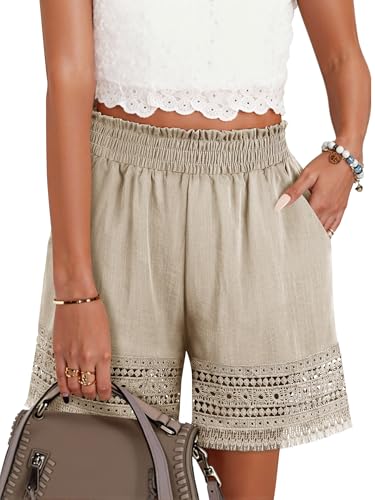 Shorts for Women Casual Elastic Waist Yoga Lounge Shorts Comfy Stretch Lace Trim Summer Beach Linen Ruffle Shorts Khaki