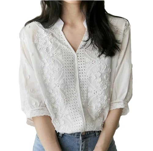 Blusa de manga corta con cuello en V para mujer, estilo vintage, bordada, de ganchillo, informal, holgada, blanco, M