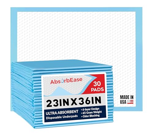 AbsorbEaseÂ® Disposable Underpads 23\'\' X 36\'\' (30-Count) Incontinence Pads, Chux, Bed Covers, Puppy Training | Thick, Super Absorbent Protection for Kids, Adults, Elderly | Liquid, Urine, Accidents